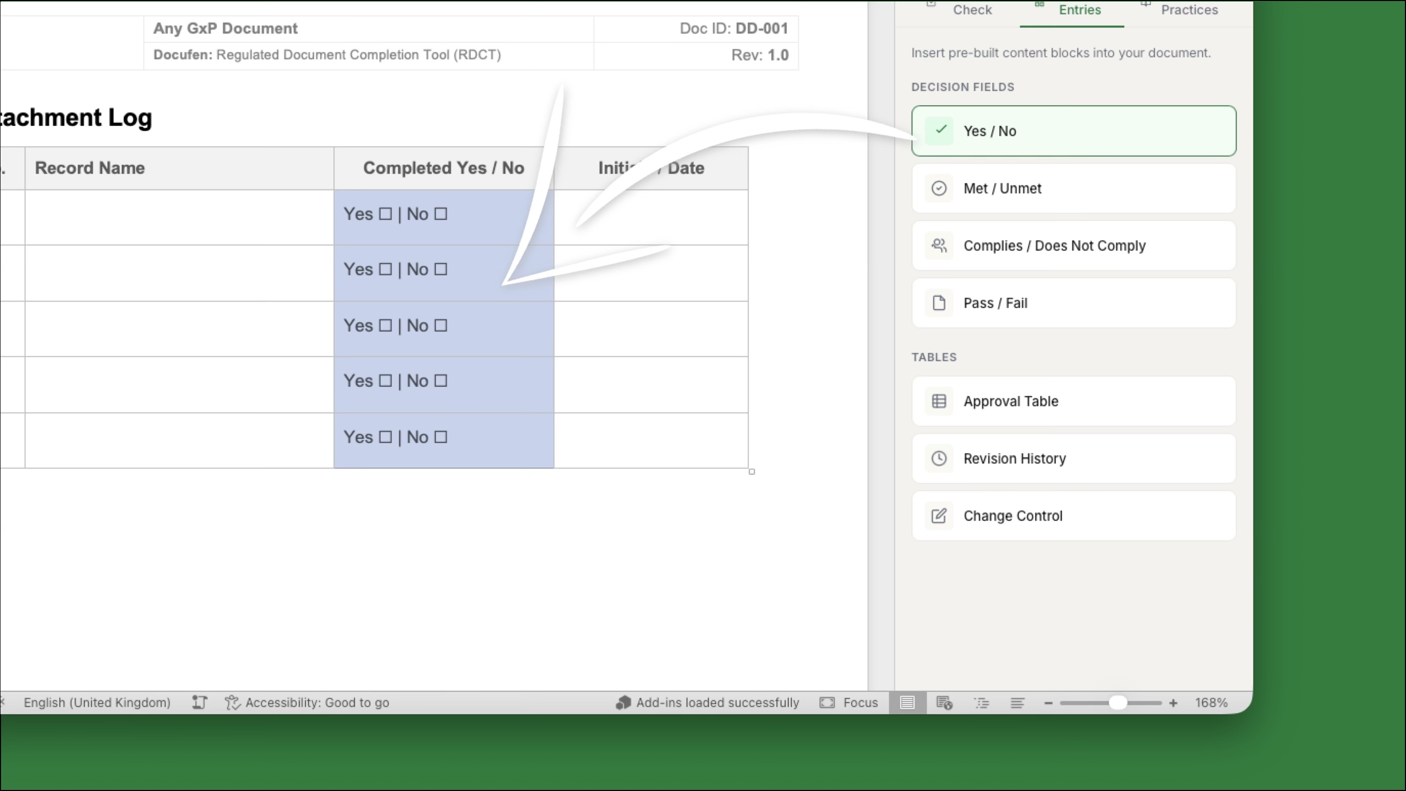 Quick Entries — inserting Yes/No decision fields into a GxP document