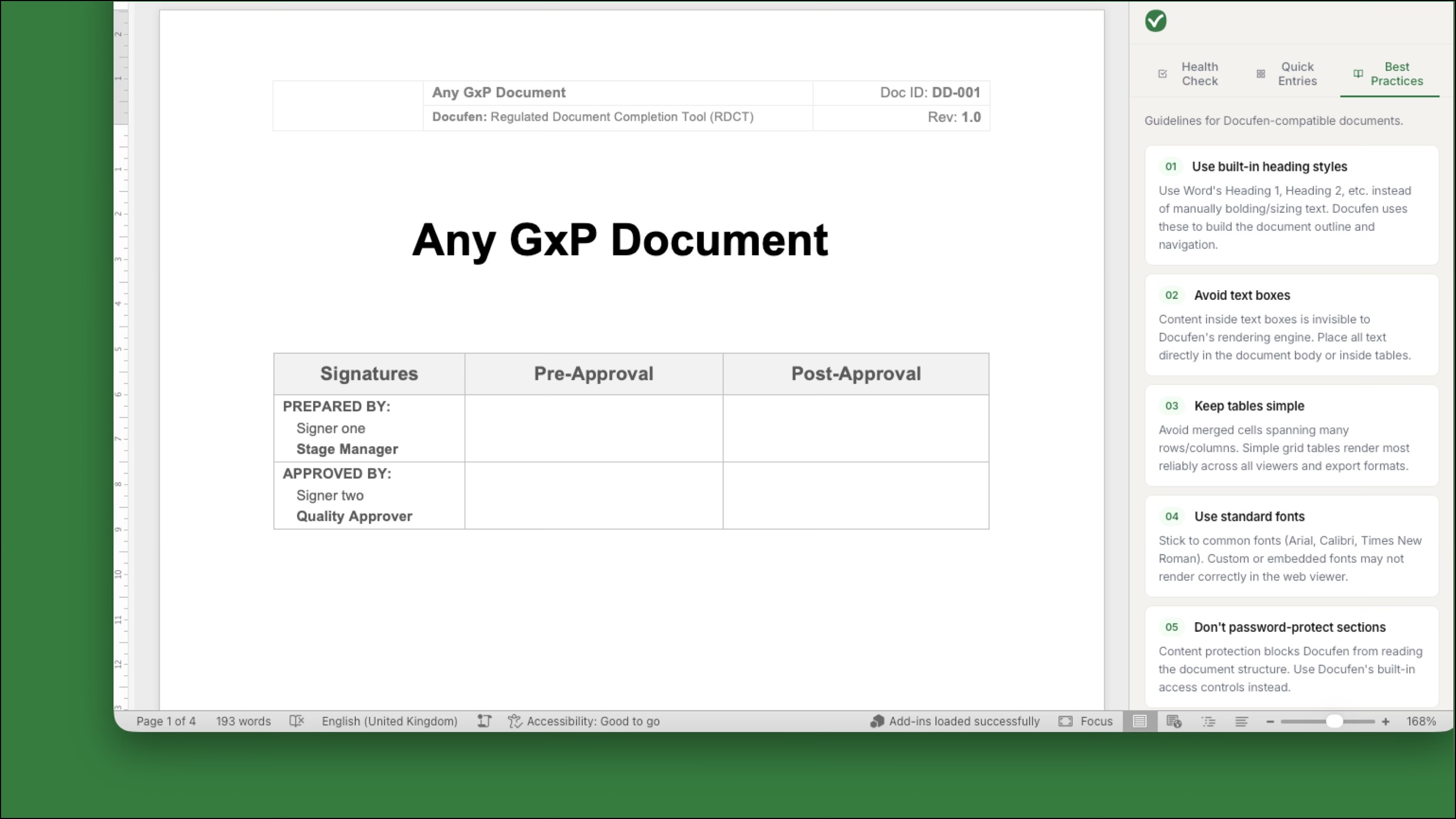 Best Practices — built-in authoring guidelines for Docufen-compatible documents